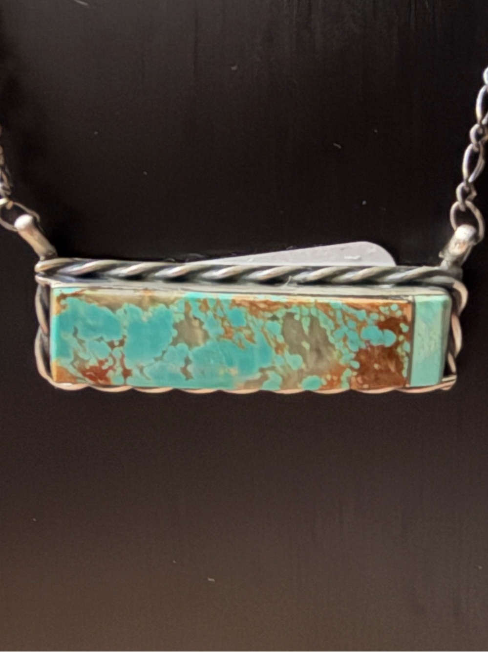 Turquoise Bar Pendant Necklace with Silver Twist Frame - Women Jewelry